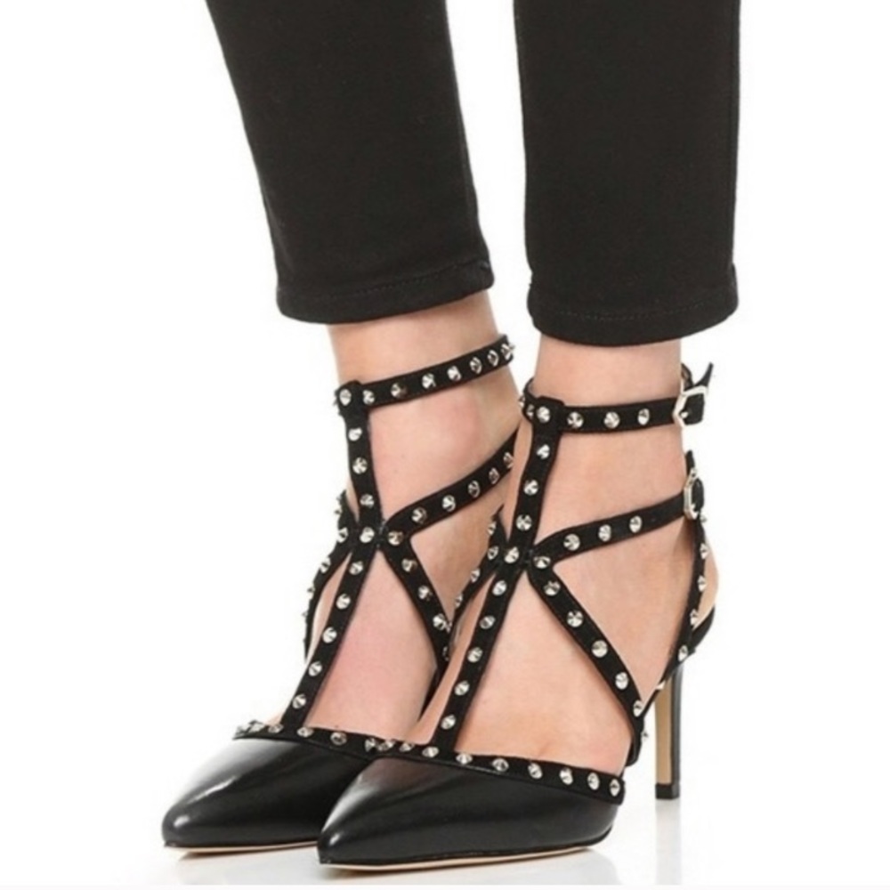 Sam Edelman Black Leather & Silver Studded Strap Pointed Toe Heels Size 10 EUC